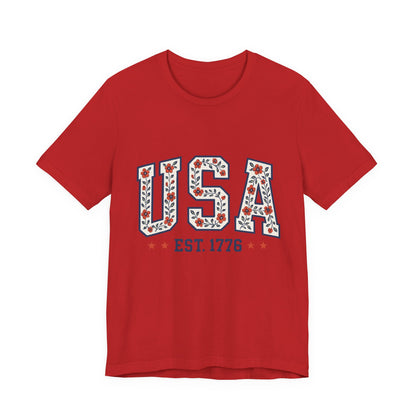 Floral USA Graphic Tee, Patriotic T-Shirt, American Pride Shirt, Casual Wear, Fourth of July Outfit, Gift for Her/Him