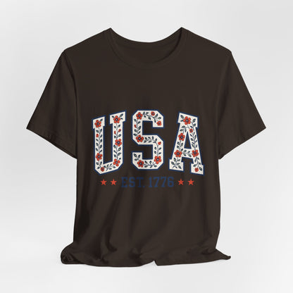 Floral USA Graphic Tee, Patriotic T-Shirt, American Pride Shirt, Casual Wear, Fourth of July Outfit, Gift for Her/Him