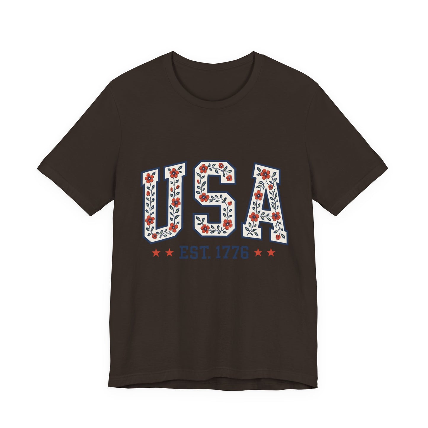 Floral USA Graphic Tee, Patriotic T-Shirt, American Pride Shirt, Casual Wear, Fourth of July Outfit, Gift for Her/Him