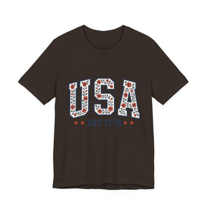 Floral USA Graphic Tee, Patriotic T-Shirt, American Pride Shirt, Casual Wear, Fourth of July Outfit, Gift for Her/Him