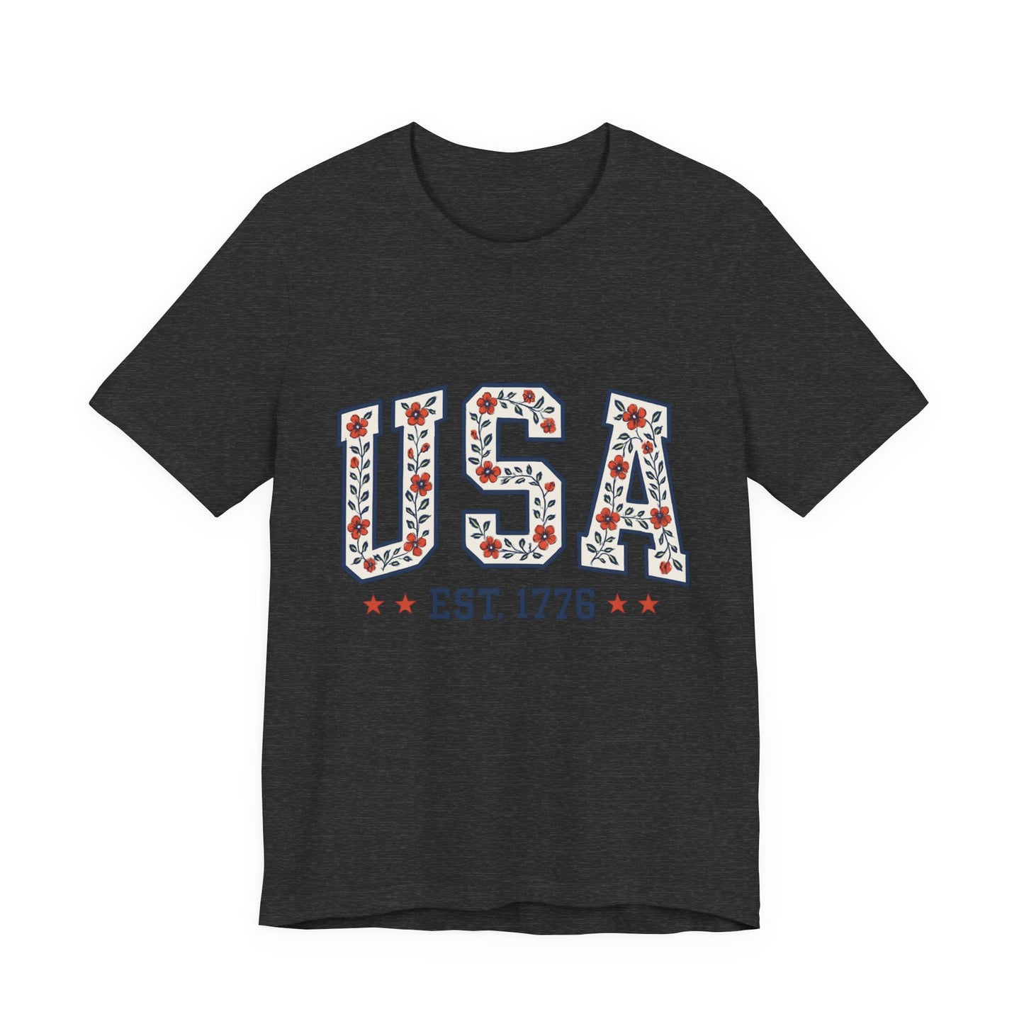 Floral USA Graphic Tee, Patriotic T-Shirt, American Pride Shirt, Casual Wear, Fourth of July Outfit, Gift for Her/Him