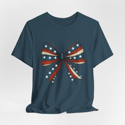 Patriotic Bow Tee, USA Flag Shirt, Independence Day Gift, Casual Summer Wear, Unisex Graphic Tee, Patriotic Tee, Fourth of July Shirt,