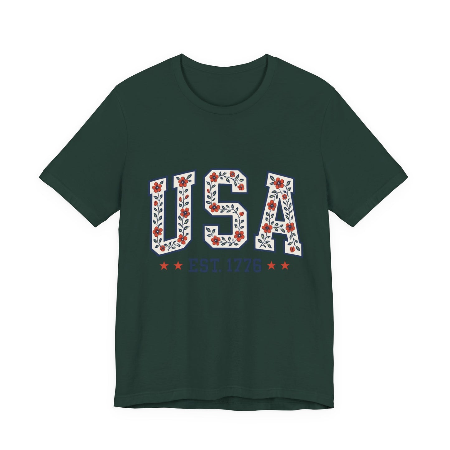 Floral USA Graphic Tee, Patriotic T-Shirt, American Pride Shirt, Casual Wear, Fourth of July Outfit, Gift for Her/Him