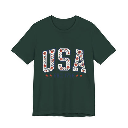 Floral USA Graphic Tee, Patriotic T-Shirt, American Pride Shirt, Casual Wear, Fourth of July Outfit, Gift for Her/Him