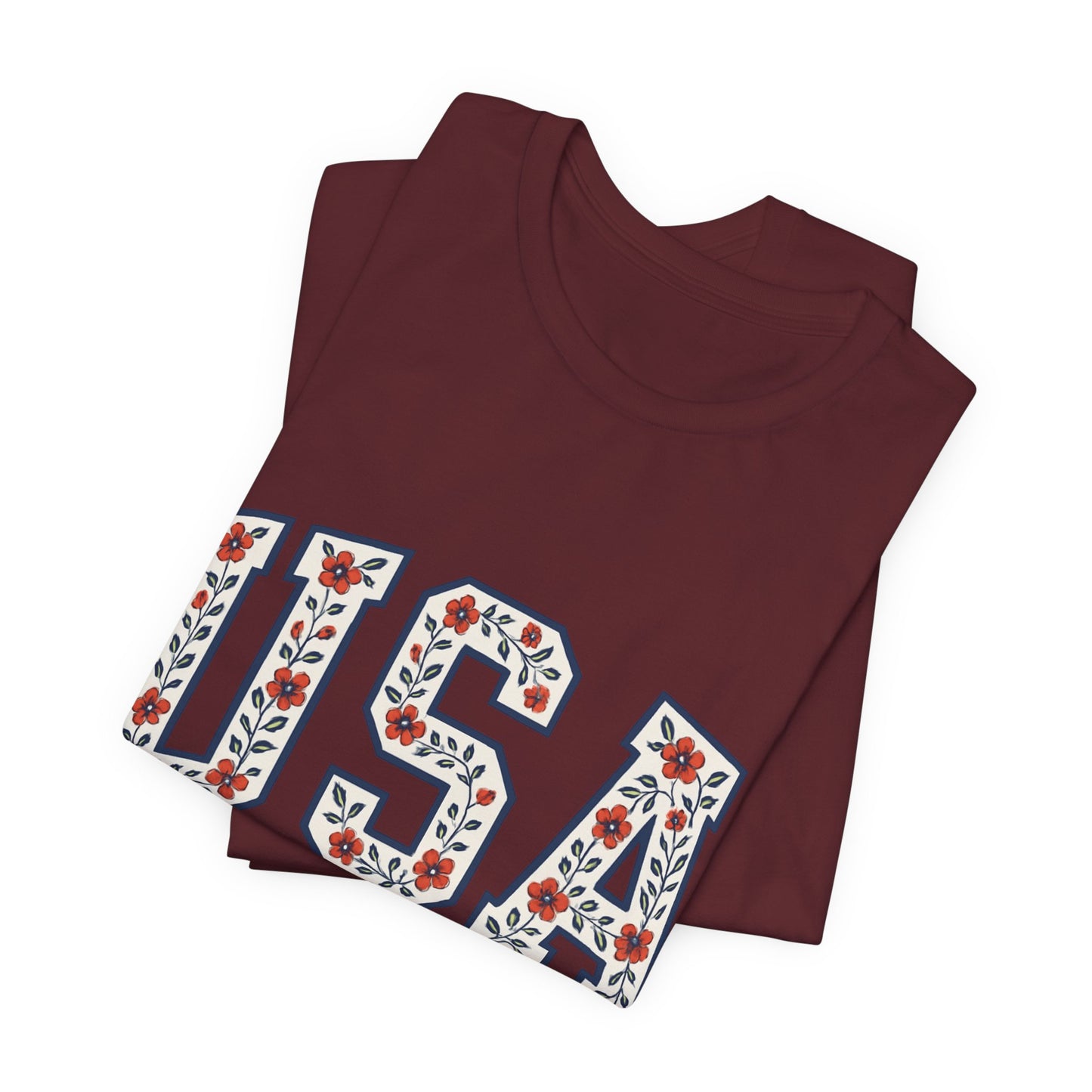 Floral USA Graphic Tee, Patriotic T-Shirt, American Pride Shirt, Casual Wear, Fourth of July Outfit, Gift for Her/Him