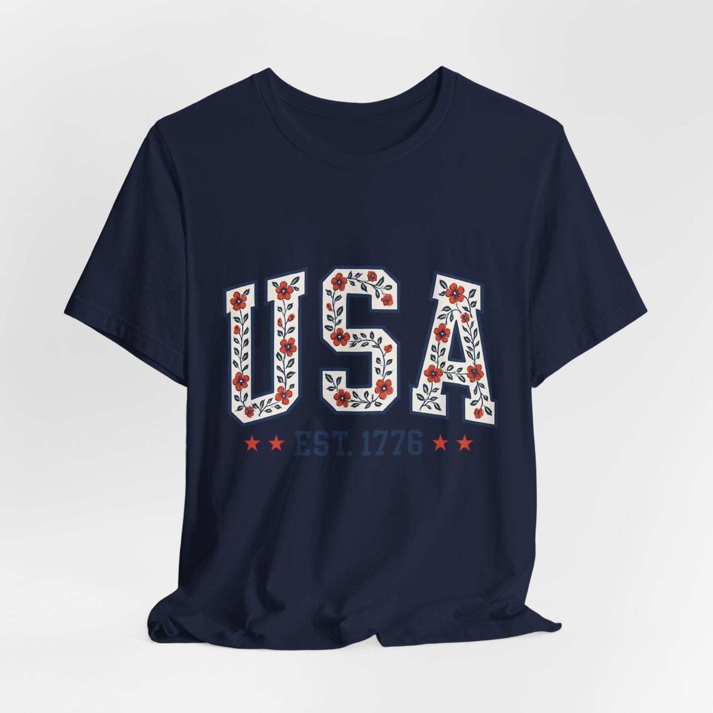 Floral USA Graphic Tee, Patriotic T-Shirt, American Pride Shirt, Casual Wear, Fourth of July Outfit, Gift for Her/Him