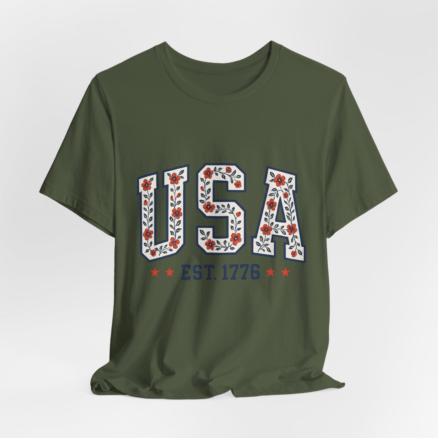 Floral USA Graphic Tee, Patriotic T-Shirt, American Pride Shirt, Casual Wear, Fourth of July Outfit, Gift for Her/Him