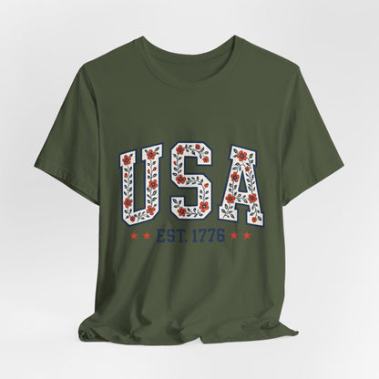 Floral USA Graphic Tee, Patriotic T-Shirt, American Pride Shirt, Casual Wear, Fourth of July Outfit, Gift for Her/Him