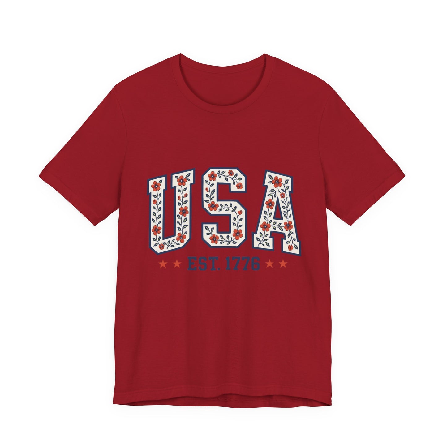 Floral USA Graphic Tee, Patriotic T-Shirt, American Pride Shirt, Casual Wear, Fourth of July Outfit, Gift for Her/Him