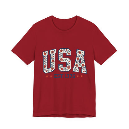 Floral USA Graphic Tee, Patriotic T-Shirt, American Pride Shirt, Casual Wear, Fourth of July Outfit, Gift for Her/Him