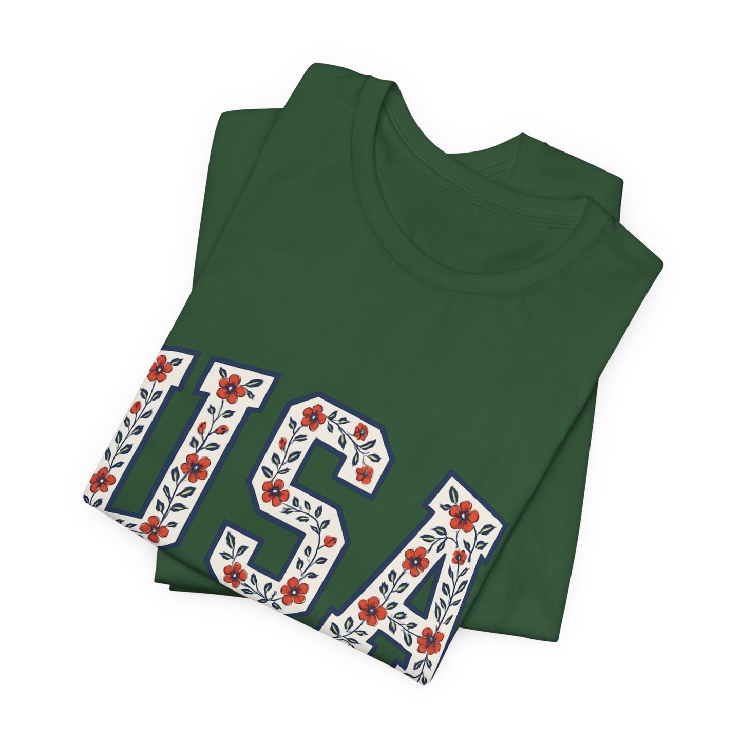 Floral USA Graphic Tee, Patriotic T-Shirt, American Pride Shirt, Casual Wear, Fourth of July Outfit, Gift for Her/Him