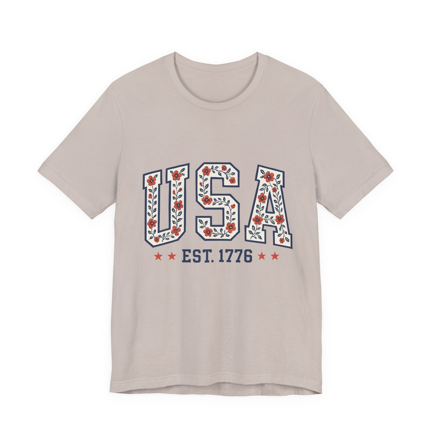 Floral USA Graphic Tee, Patriotic T-Shirt, American Pride Shirt, Casual Wear, Fourth of July Outfit, Gift for Her/Him
