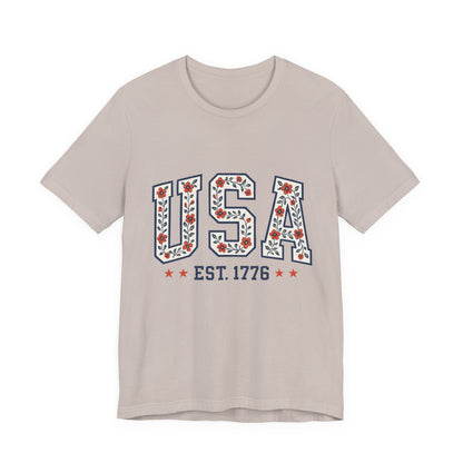 Floral USA Graphic Tee, Patriotic T-Shirt, American Pride Shirt, Casual Wear, Fourth of July Outfit, Gift for Her/Him
