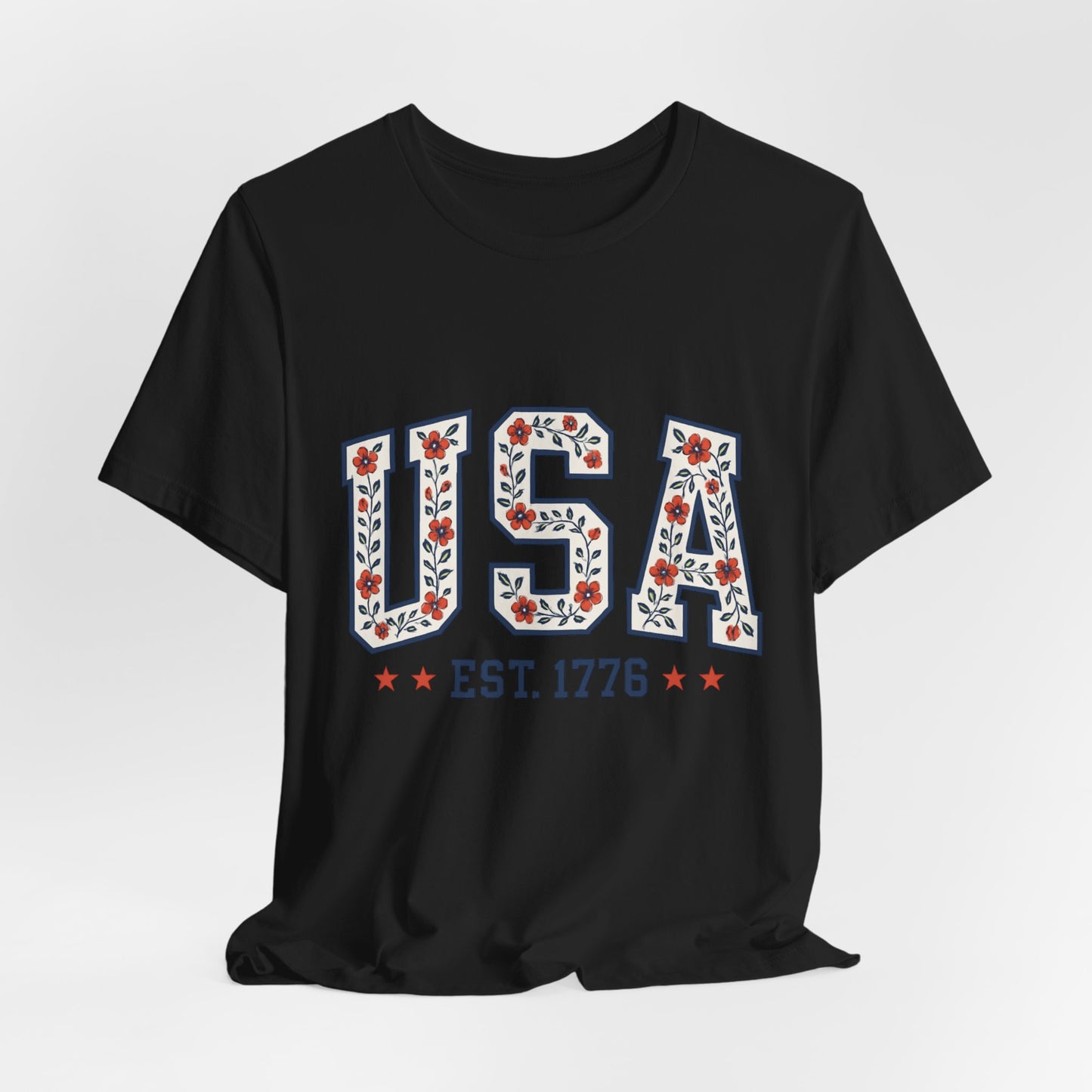 Floral USA Graphic Tee, Patriotic T-Shirt, American Pride Shirt, Casual Wear, Fourth of July Outfit, Gift for Her/Him