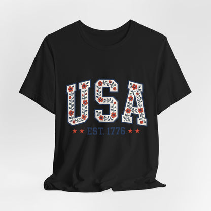 Floral USA Graphic Tee, Patriotic T-Shirt, American Pride Shirt, Casual Wear, Fourth of July Outfit, Gift for Her/Him