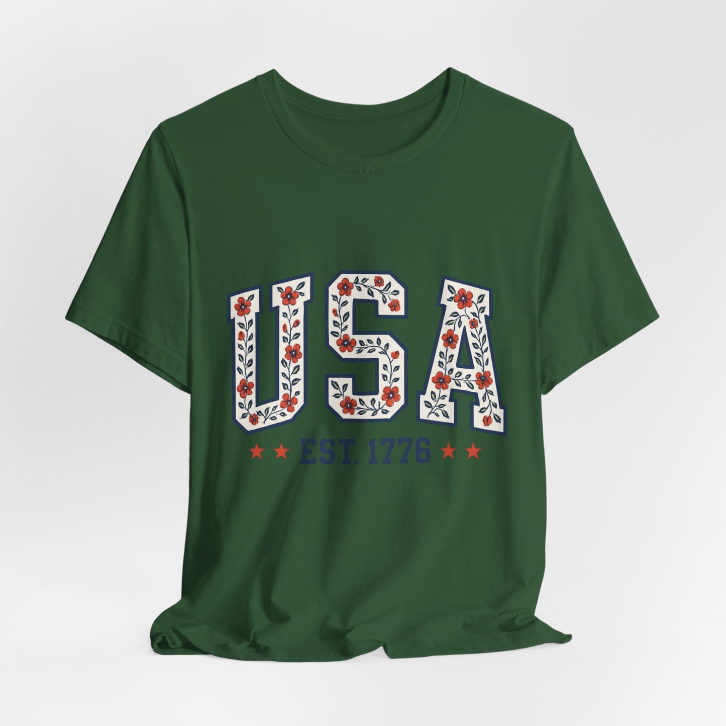 Floral USA Graphic Tee, Patriotic T-Shirt, American Pride Shirt, Casual Wear, Fourth of July Outfit, Gift for Her/Him