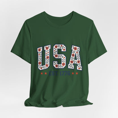 Floral USA Graphic Tee, Patriotic T-Shirt, American Pride Shirt, Casual Wear, Fourth of July Outfit, Gift for Her/Him