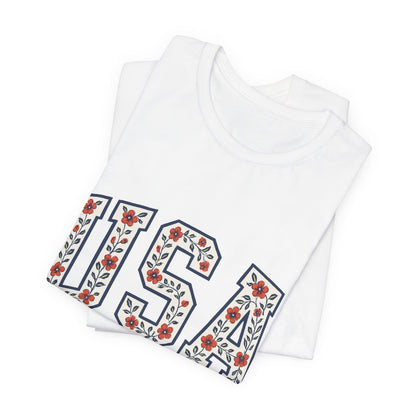 Floral USA Graphic Tee, Patriotic T-Shirt, American Pride Shirt, Casual Wear, Fourth of July Outfit, Gift for Her/Him