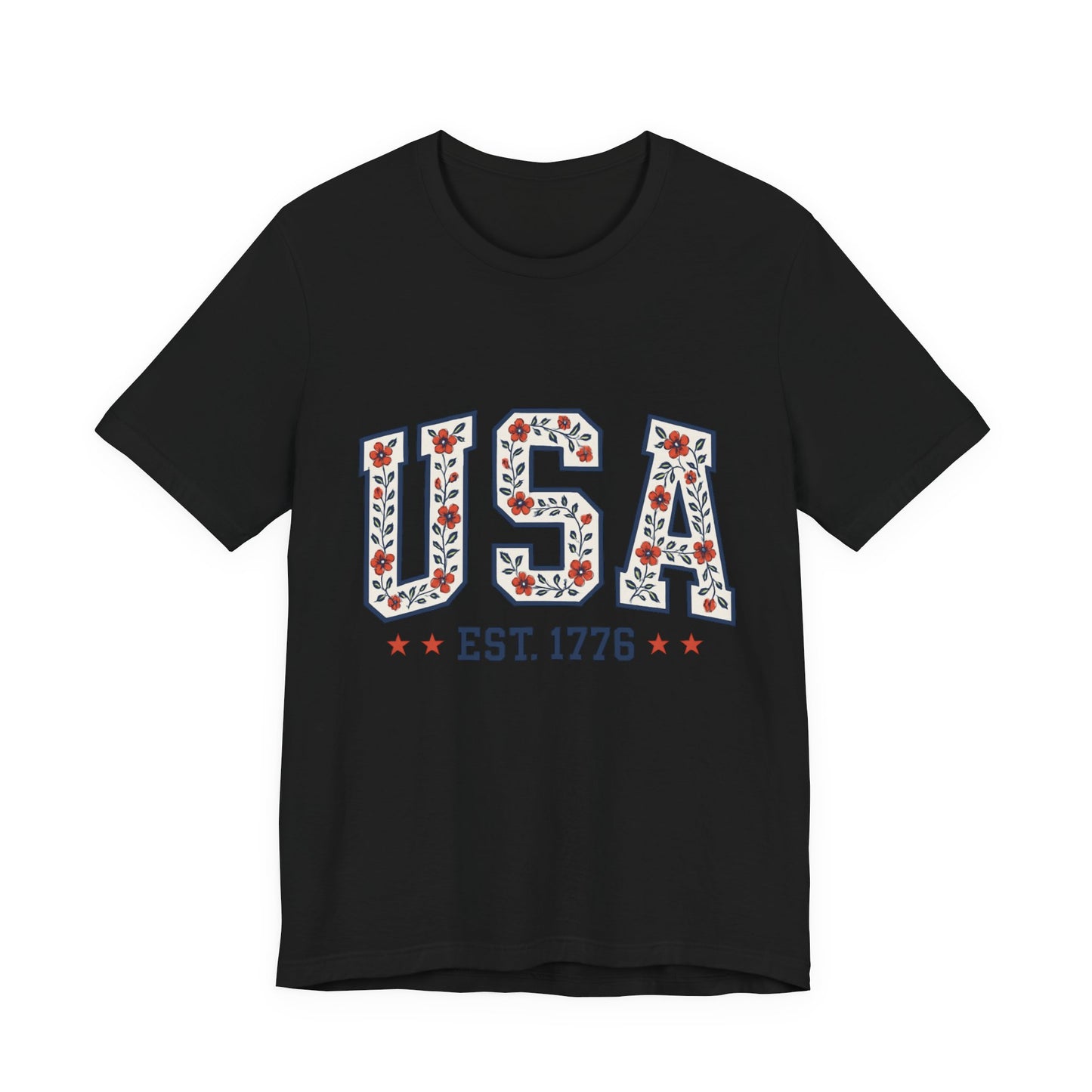 Floral USA Graphic Tee, Patriotic T-Shirt, American Pride Shirt, Casual Wear, Fourth of July Outfit, Gift for Her/Him