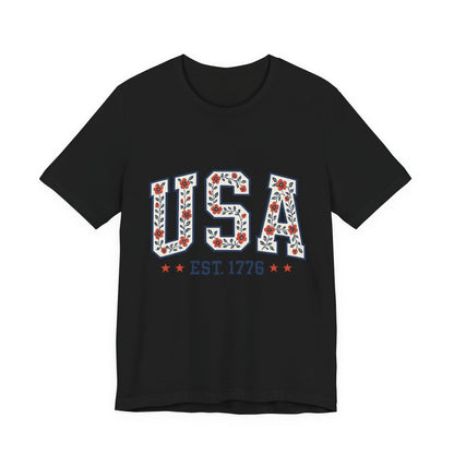 Floral USA Graphic Tee, Patriotic T-Shirt, American Pride Shirt, Casual Wear, Fourth of July Outfit, Gift for Her/Him