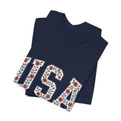 Floral USA Graphic Tee, Patriotic T-Shirt, American Pride Shirt, Casual Wear, Fourth of July Outfit, Gift for Her/Him