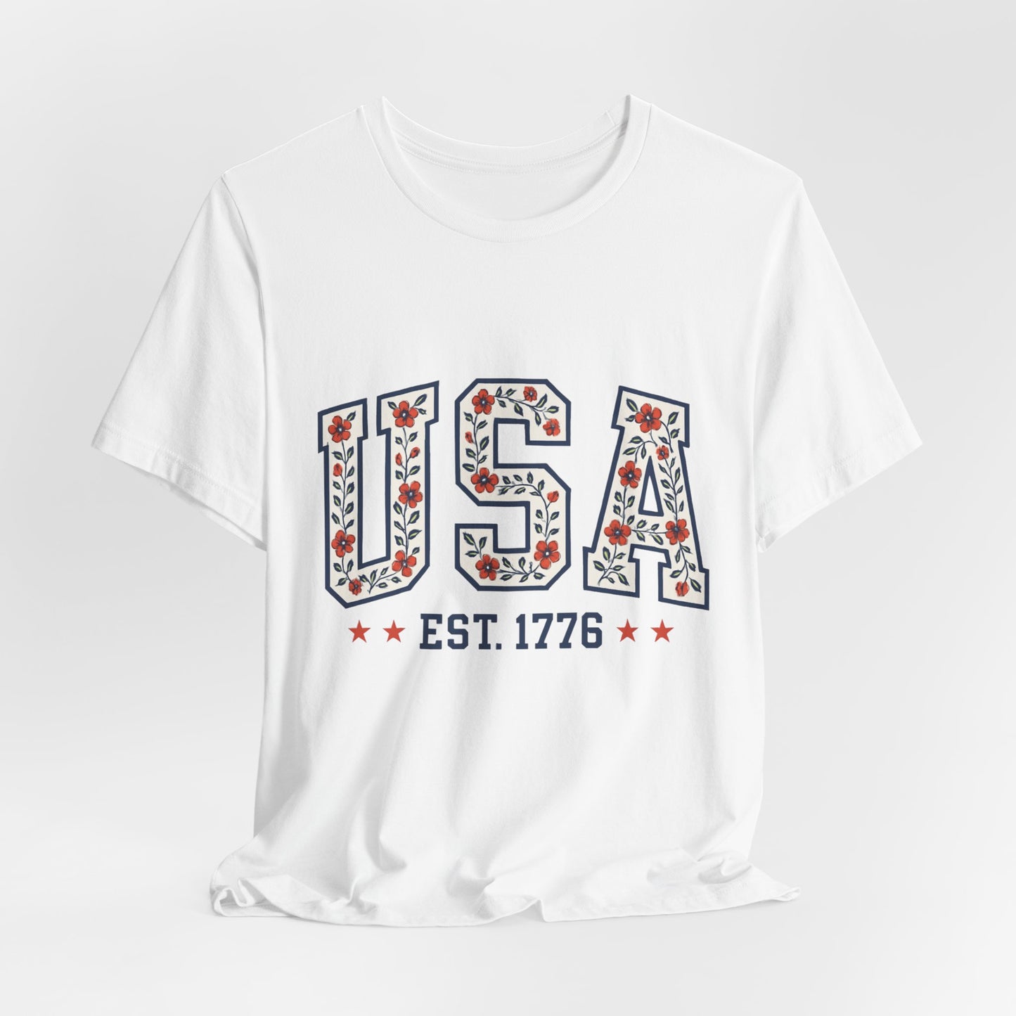 Floral USA Graphic Tee, Patriotic T-Shirt, American Pride Shirt, Casual Wear, Fourth of July Outfit, Gift for Her/Him