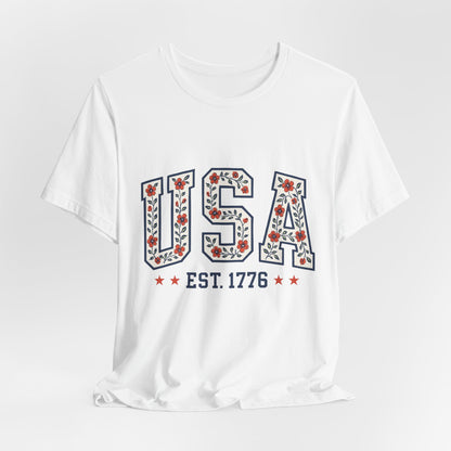 Floral USA Graphic Tee, Patriotic T-Shirt, American Pride Shirt, Casual Wear, Fourth of July Outfit, Gift for Her/Him