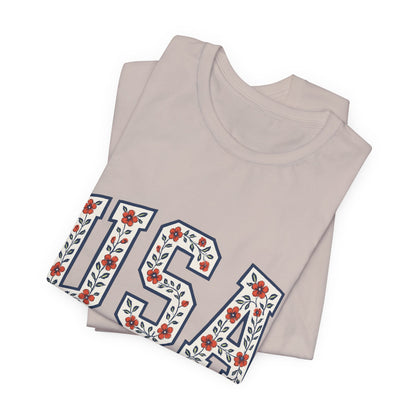 Floral USA Graphic Tee, Patriotic T-Shirt, American Pride Shirt, Casual Wear, Fourth of July Outfit, Gift for Her/Him