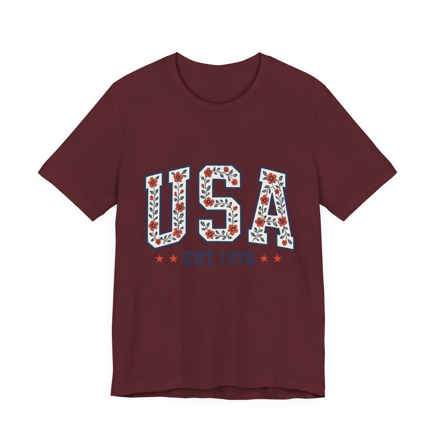 Floral USA Graphic Tee, Patriotic T-Shirt, American Pride Shirt, Casual Wear, Fourth of July Outfit, Gift for Her/Him