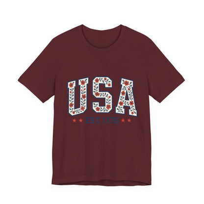Floral USA Graphic Tee, Patriotic T-Shirt, American Pride Shirt, Casual Wear, Fourth of July Outfit, Gift for Her/Him