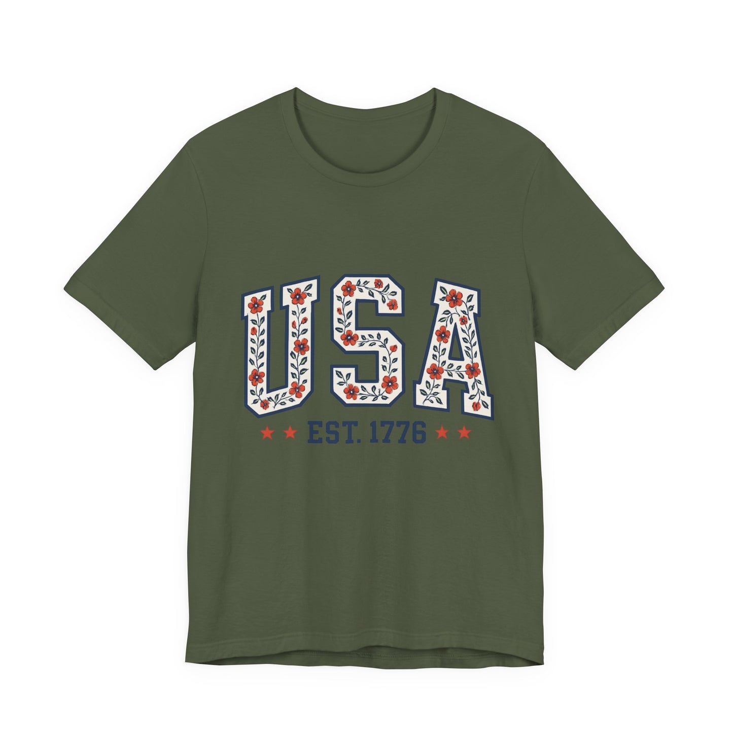Floral USA Graphic Tee, Patriotic T-Shirt, American Pride Shirt, Casual Wear, Fourth of July Outfit, Gift for Her/Him