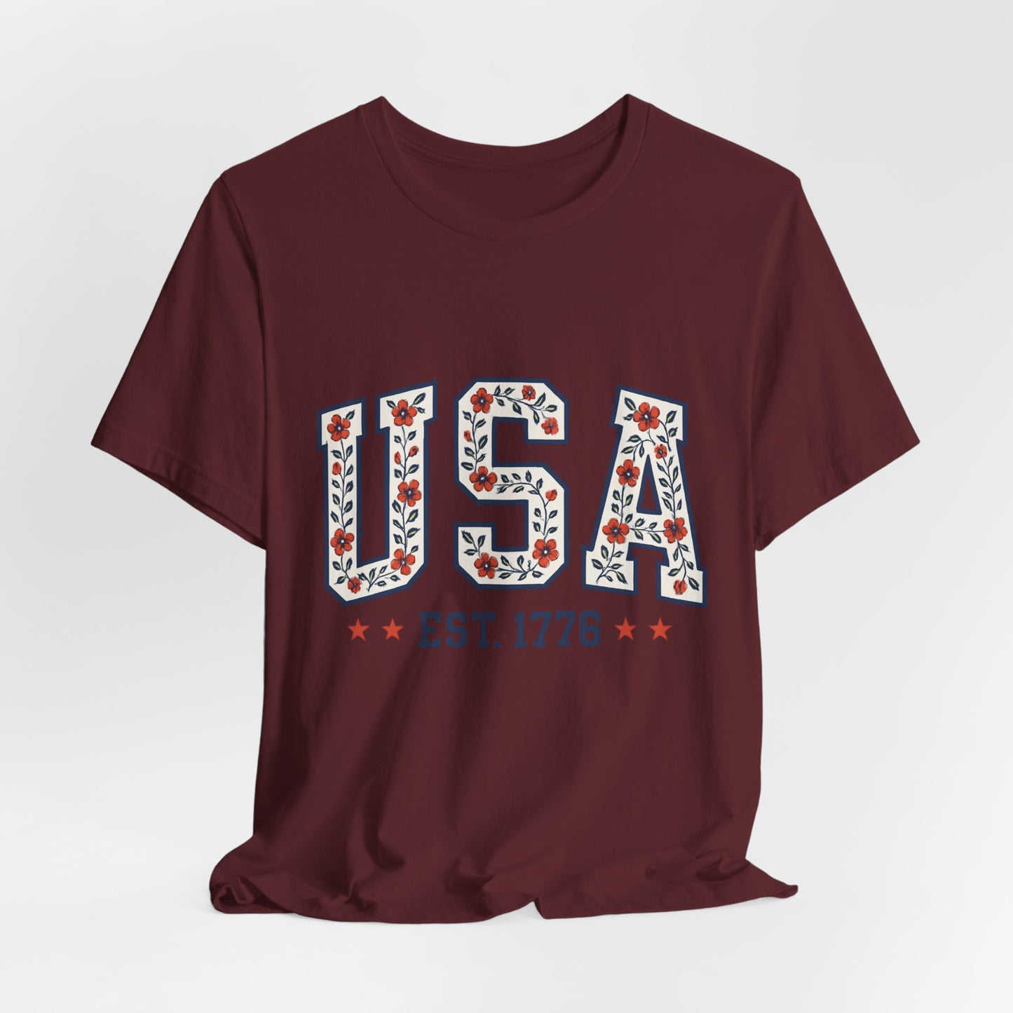 Floral USA Graphic Tee, Patriotic T-Shirt, American Pride Shirt, Casual Wear, Fourth of July Outfit, Gift for Her/Him