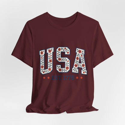 Floral USA Graphic Tee, Patriotic T-Shirt, American Pride Shirt, Casual Wear, Fourth of July Outfit, Gift for Her/Him