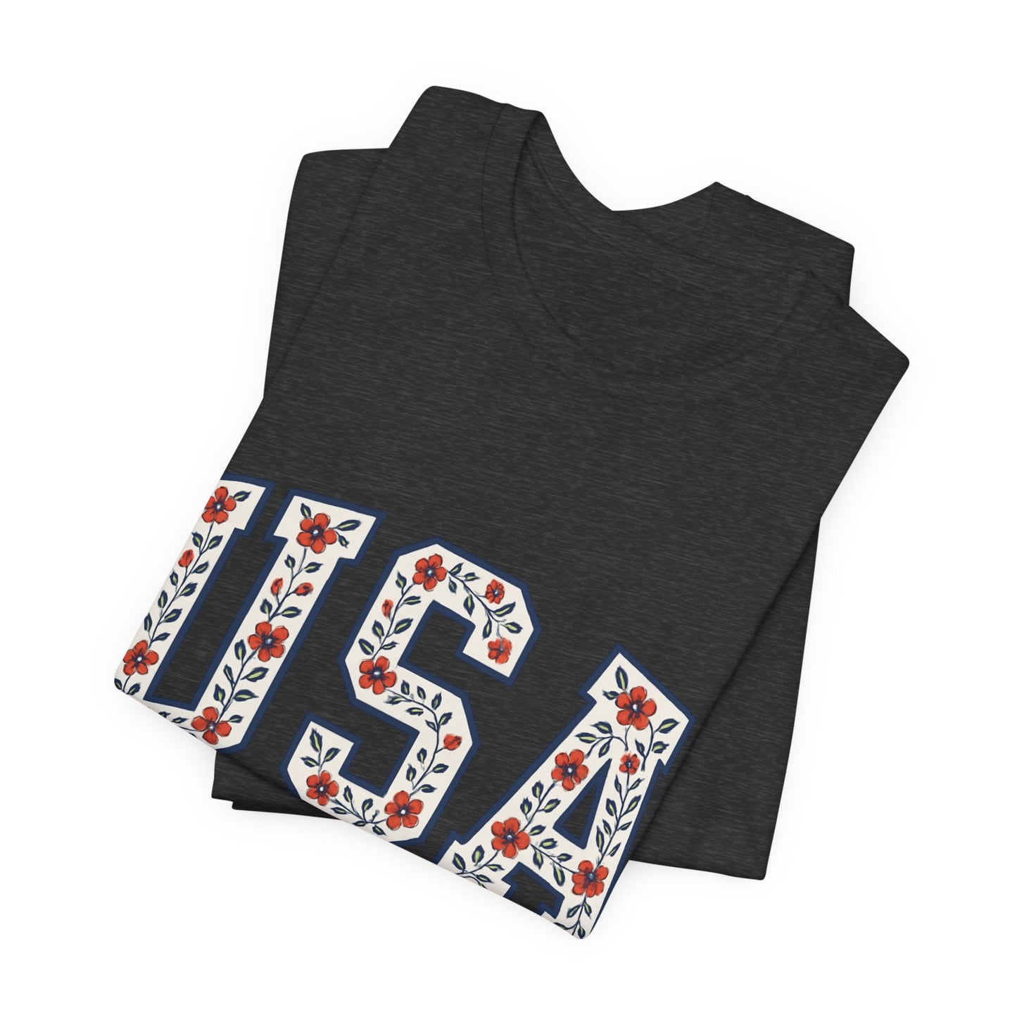 Floral USA Graphic Tee, Patriotic T-Shirt, American Pride Shirt, Casual Wear, Fourth of July Outfit, Gift for Her/Him