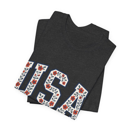 Floral USA Graphic Tee, Patriotic T-Shirt, American Pride Shirt, Casual Wear, Fourth of July Outfit, Gift for Her/Him