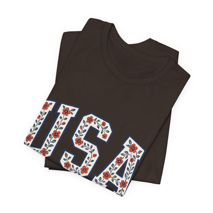 Floral USA Graphic Tee, Patriotic T-Shirt, American Pride Shirt, Casual Wear, Fourth of July Outfit, Gift for Her/Him