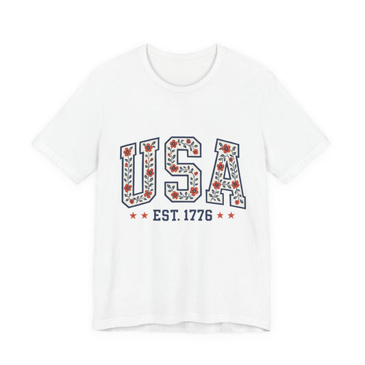 Floral USA Graphic Tee, Patriotic T-Shirt, American Pride Shirt, Casual Wear, Fourth of July Outfit, Gift for Her/Him