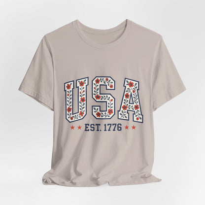 Floral USA Graphic Tee, Patriotic T-Shirt, American Pride Shirt, Casual Wear, Fourth of July Outfit, Gift for Her/Him
