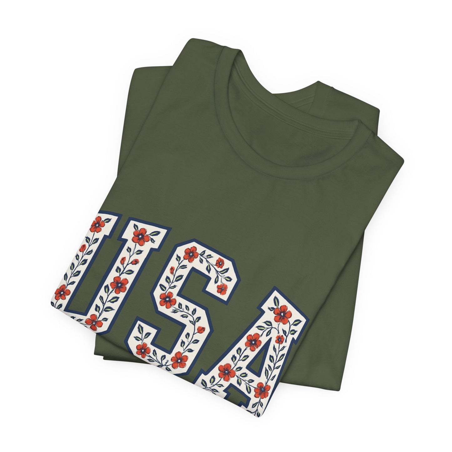 Floral USA Graphic Tee, Patriotic T-Shirt, American Pride Shirt, Casual Wear, Fourth of July Outfit, Gift for Her/Him