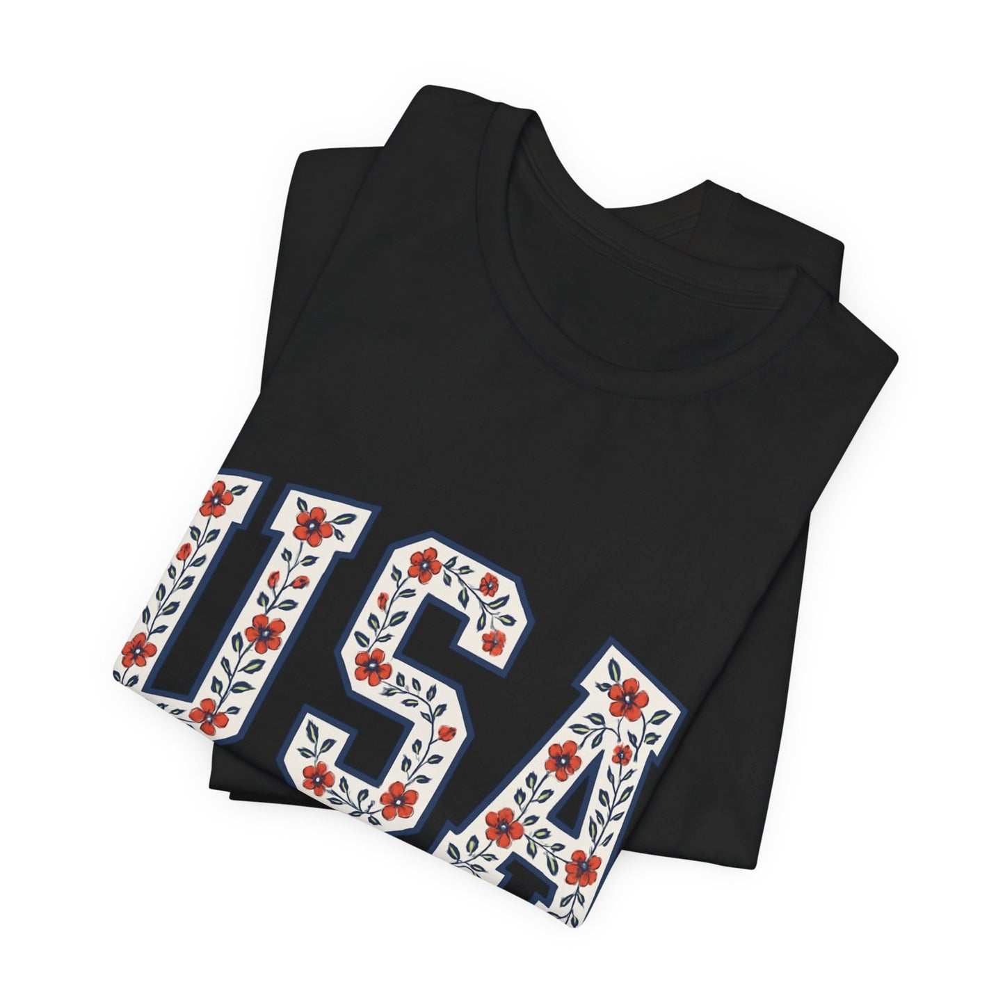 Floral USA Graphic Tee, Patriotic T-Shirt, American Pride Shirt, Casual Wear, Fourth of July Outfit, Gift for Her/Him