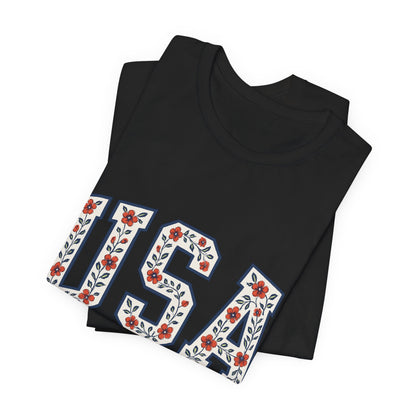 Floral USA Graphic Tee, Patriotic T-Shirt, American Pride Shirt, Casual Wear, Fourth of July Outfit, Gift for Her/Him
