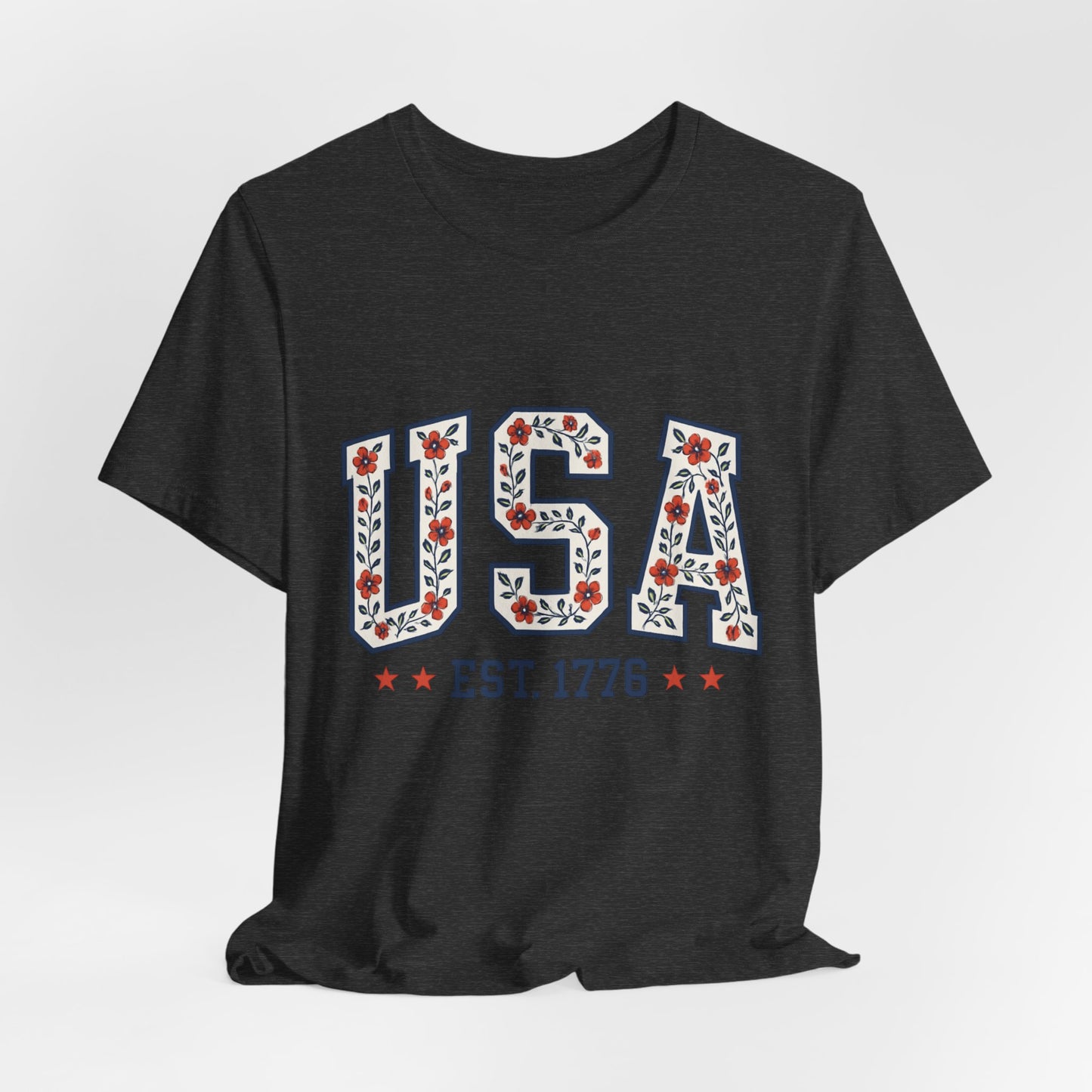 Floral USA Graphic Tee, Patriotic T-Shirt, American Pride Shirt, Casual Wear, Fourth of July Outfit, Gift for Her/Him