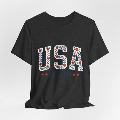 Floral USA Graphic Tee, Patriotic T-Shirt, American Pride Shirt, Casual Wear, Fourth of July Outfit, Gift for Her/Him