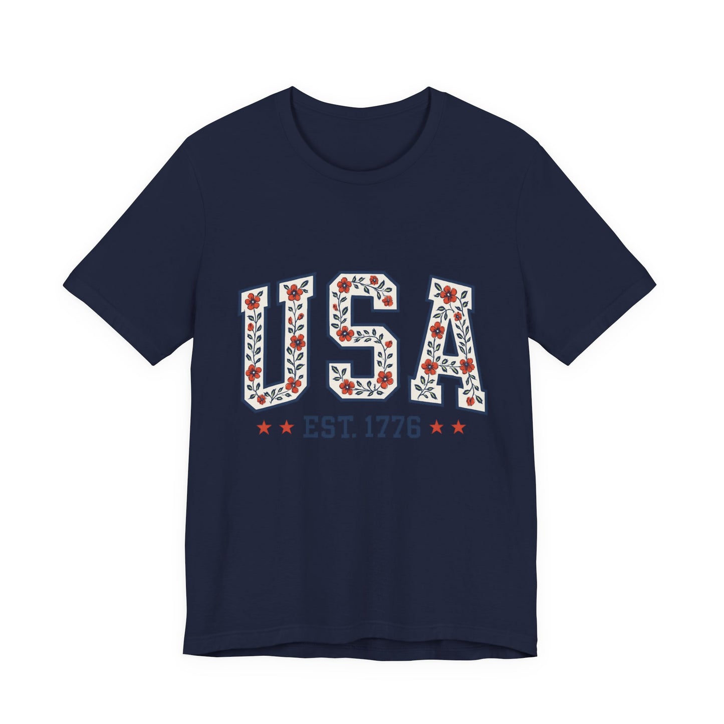Floral USA Graphic Tee, Patriotic T-Shirt, American Pride Shirt, Casual Wear, Fourth of July Outfit, Gift for Her/Him