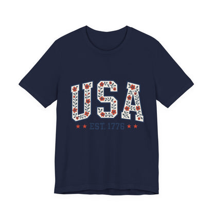 Floral USA Graphic Tee, Patriotic T-Shirt, American Pride Shirt, Casual Wear, Fourth of July Outfit, Gift for Her/Him