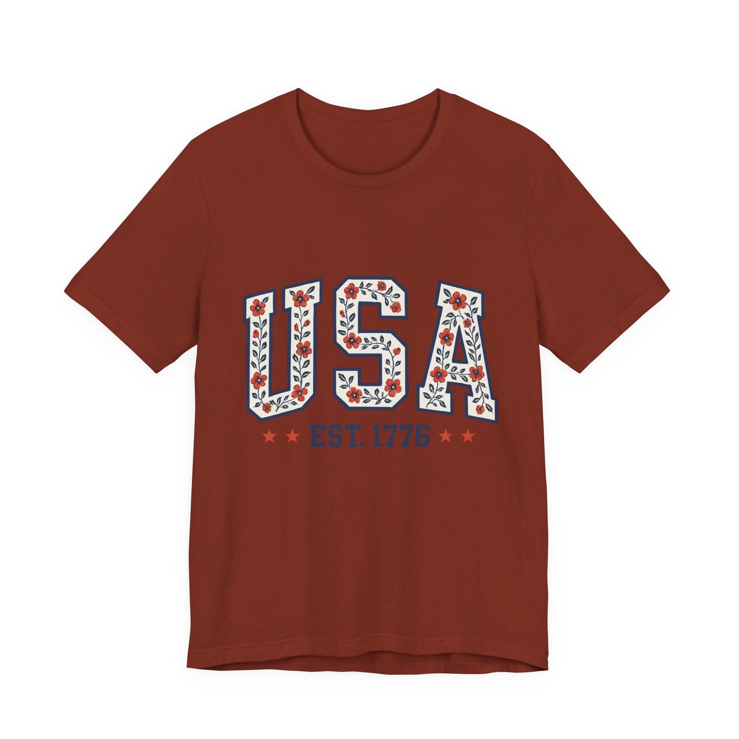 Floral USA Graphic Tee, Patriotic T-Shirt, American Pride Shirt, Casual Wear, Fourth of July Outfit, Gift for Her/Him