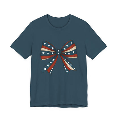 Patriotic Bow Tee, USA Flag Shirt, Independence Day Gift, Casual Summer Wear, Unisex Graphic Tee, Patriotic Tee, Fourth of July Shirt,