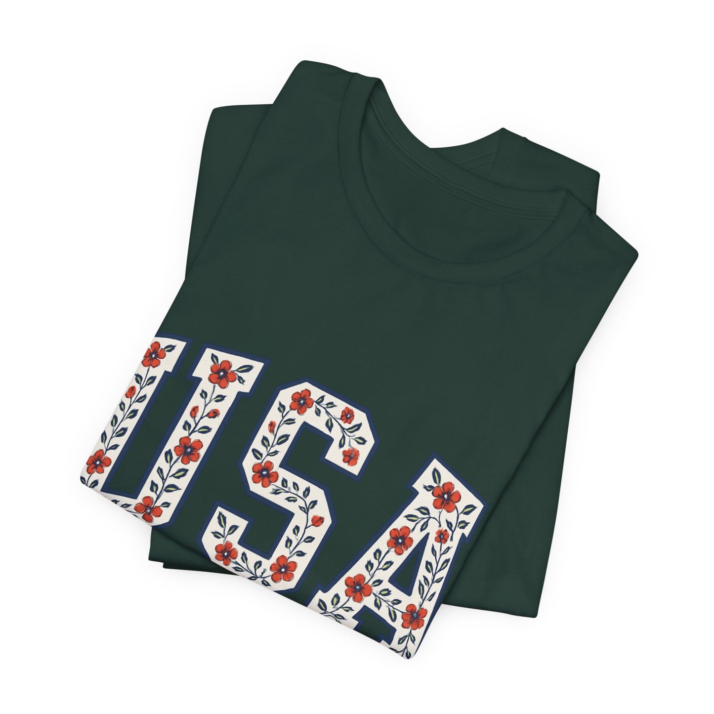 Floral USA Graphic Tee, Patriotic T-Shirt, American Pride Shirt, Casual Wear, Fourth of July Outfit, Gift for Her/Him