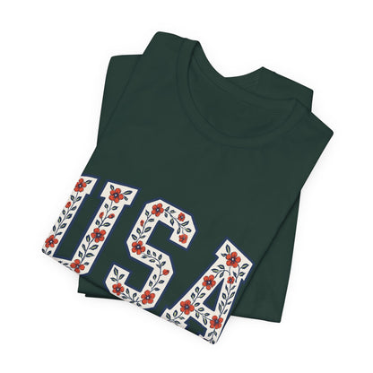 Floral USA Graphic Tee, Patriotic T-Shirt, American Pride Shirt, Casual Wear, Fourth of July Outfit, Gift for Her/Him