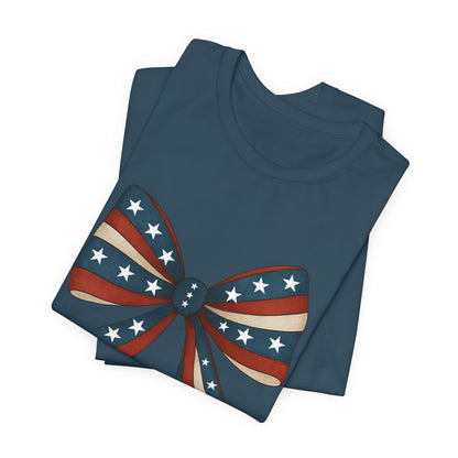 Patriotic Bow Tee, USA Flag Shirt, Independence Day Gift, Casual Summer Wear, Unisex Graphic Tee, Patriotic Tee, Fourth of July Shirt,